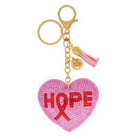 JEWELED PINK RIBBON HEART BELL CHARM KEYCHAIN